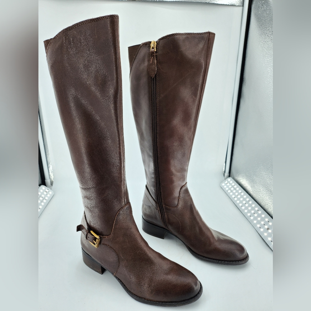 Franco Sarto Brown Heeled Boots with Side Zipper and Buckle